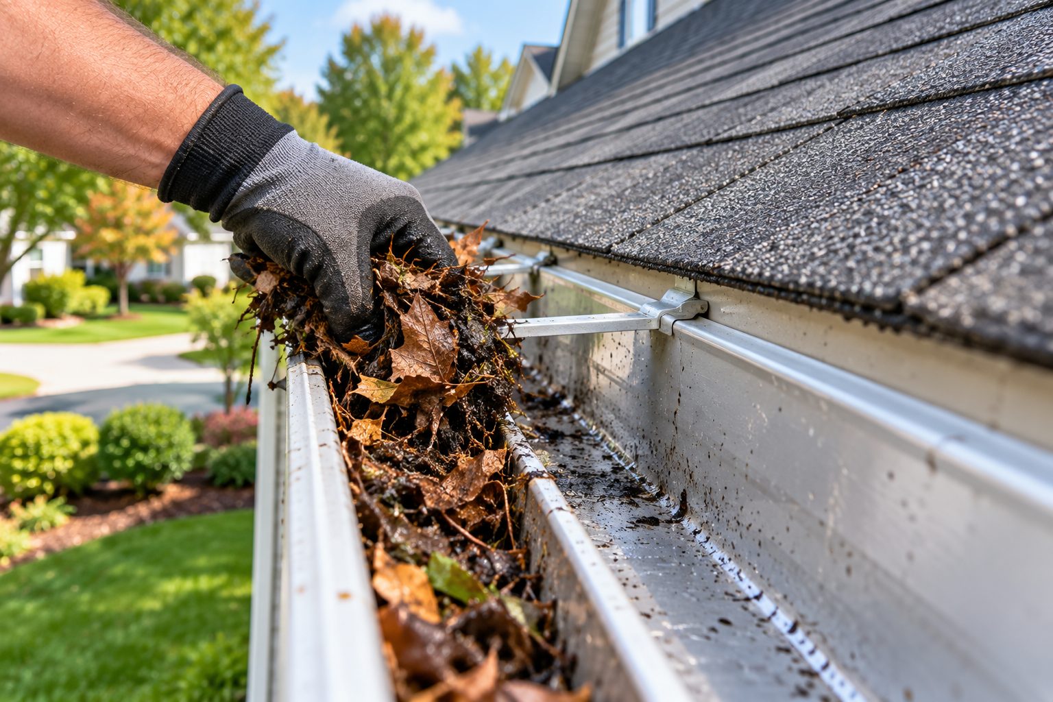Hand-cleaning a gutter packed with debris in Boynton Beach