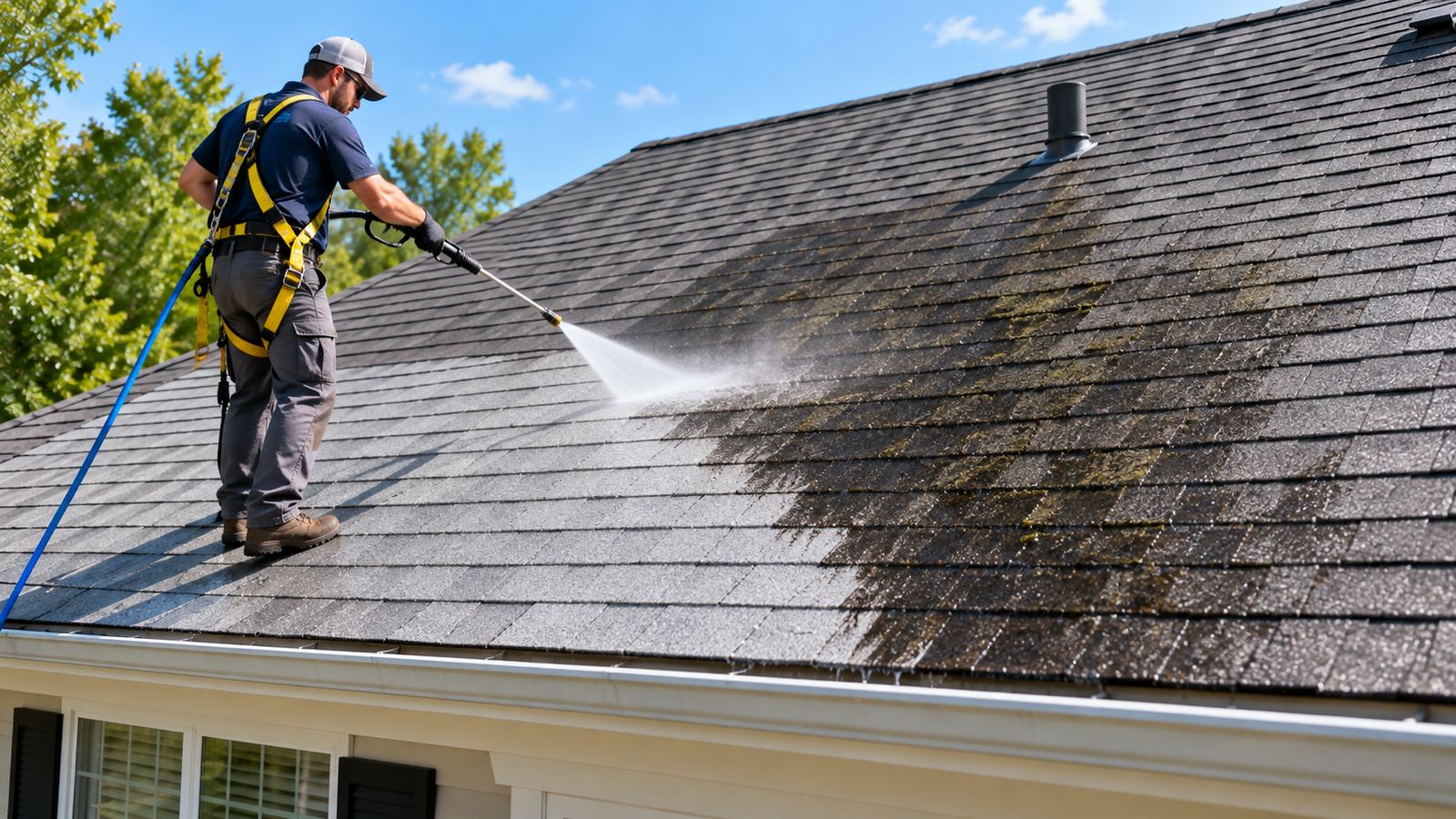 Roof cleaning removing dark algae streaks from a Boynton Beach roof